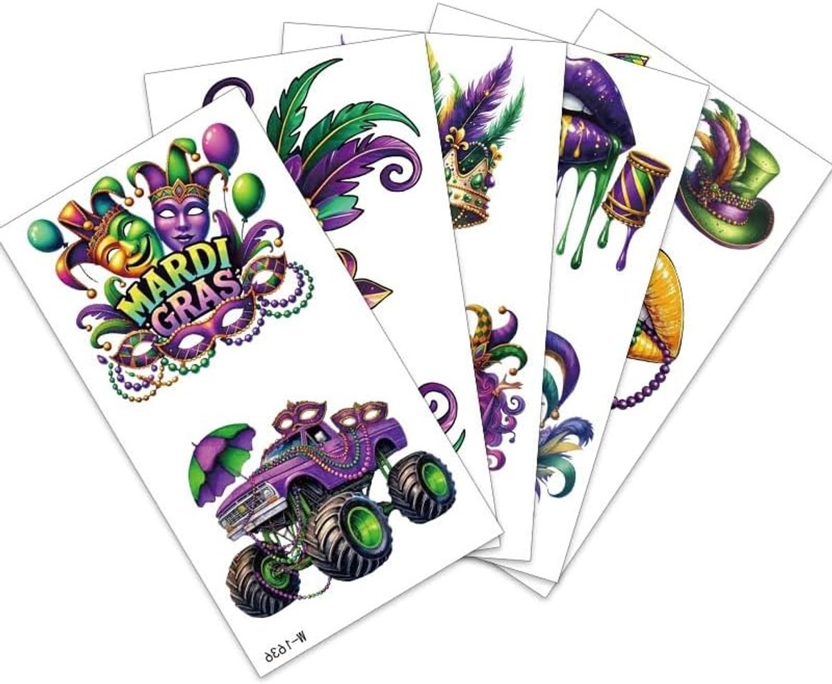 Carnavalsoutfit voor dames en heren met 3 body- en gezichtstattoostickers in paarsgroen, ideaal voor feest en verkleedplezier, inclusief make-up voor volwassenen en kinderen