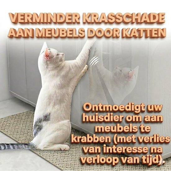 Witte kat met grijze vlekken krabt aan kast. Tekst: Verminder krasschade aan meubels door katten. Ontmoedigt uw huisdier om aan meubels te krabben.