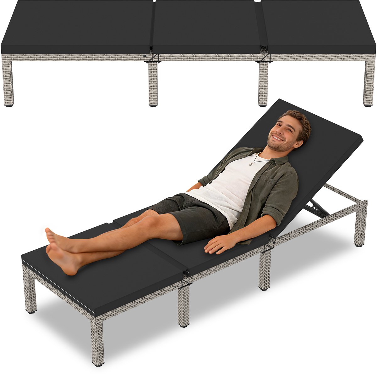 Soontrans - Ligbed Buiten - Ligstoel Met Kussen 5 Standen - Tuin Ligbed Afneembaar kussen - Loungebed 190x65x35cm - Metalen frame - Wicker Grijs - Inclusief kussen Zwart