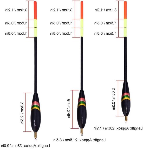 Set van 3 kleurrijke houten dobbers voor vissen, 1,5 + 6 g, 1,5 + 5 g, 1,5 + 4 g, ideaal voor forel, baars en meerval vissen — afbeelding 3