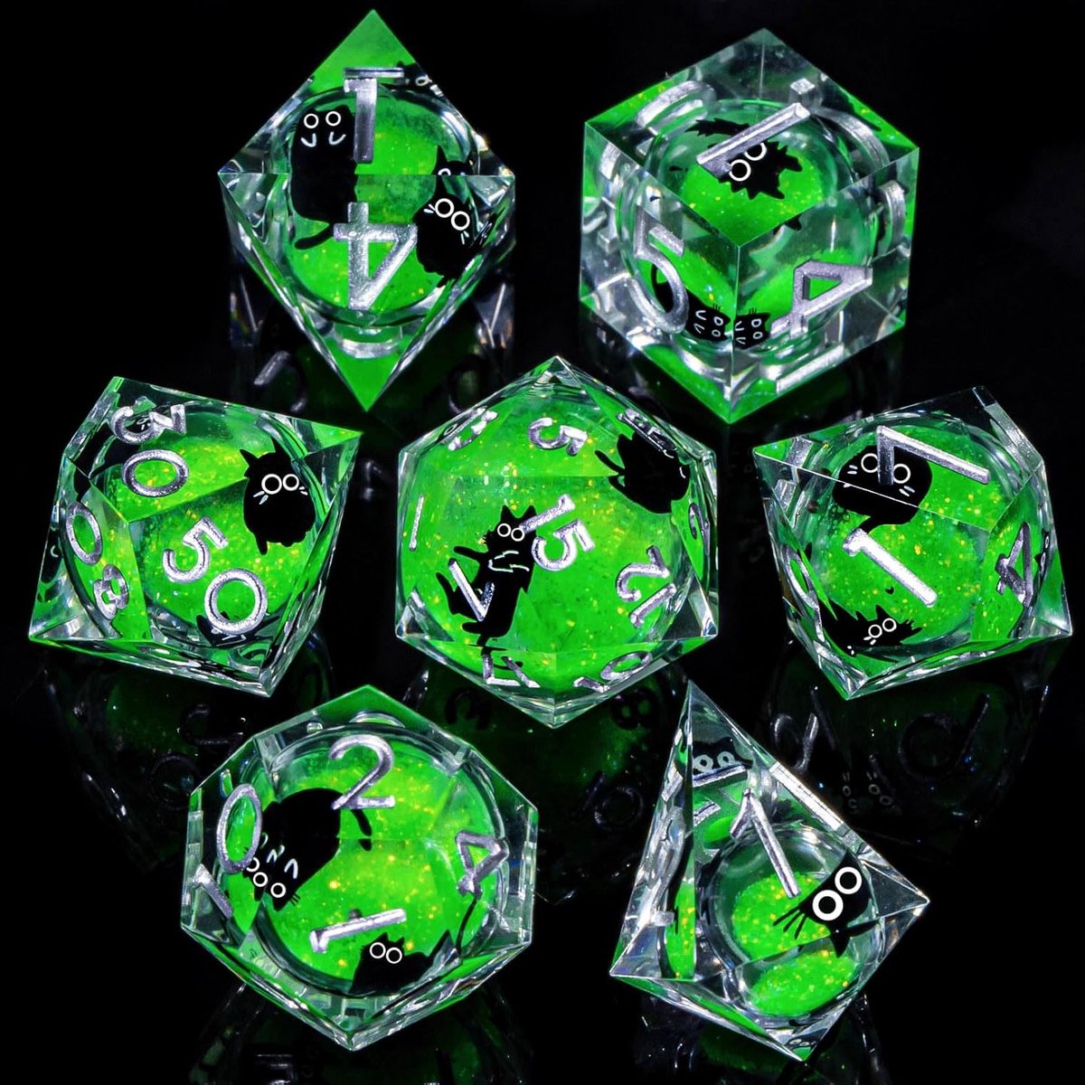 Joya Dice® Liquid Core Polydice Dobbelsteen Set geschikt voor rollenspellen zoals Dungeons and Dragons D&D DnD | Dobbelstenen Set | Dice Set | Resin 7 Stuks Set | Inclusief Luxe Opbergdoos | Mystic Cat Green