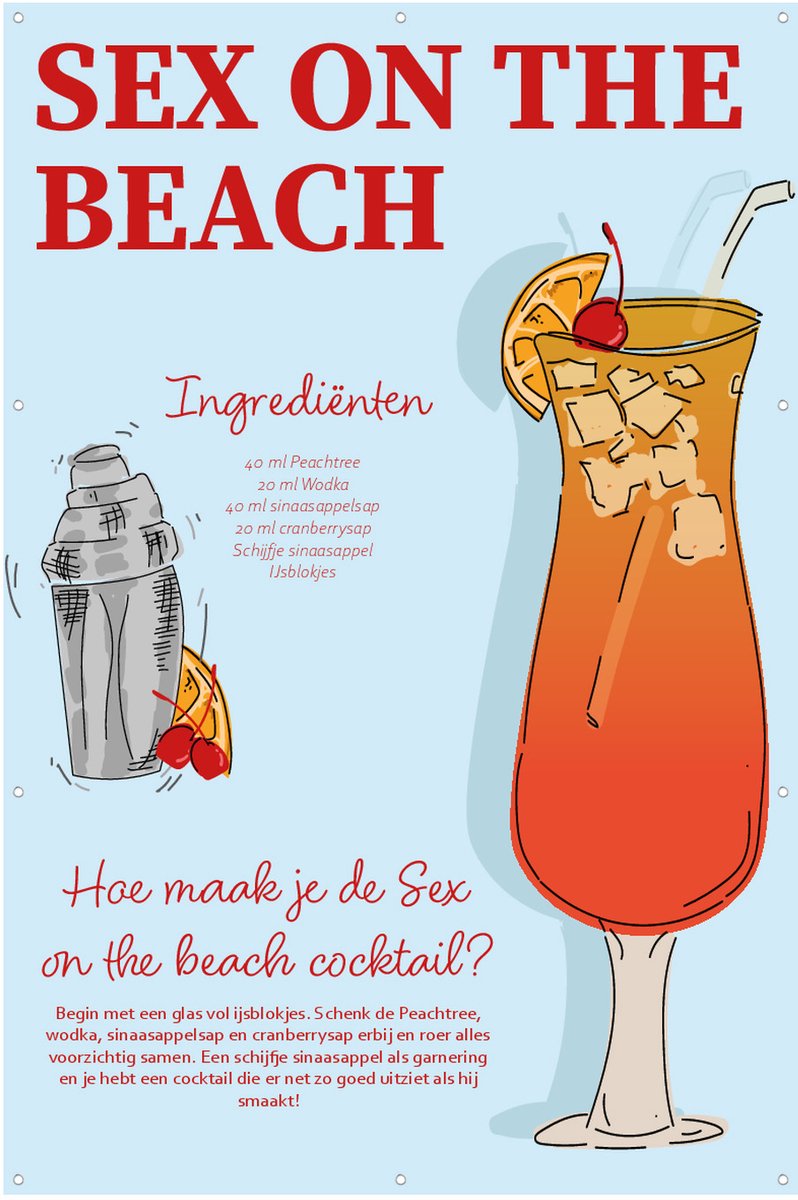 Sex On The Beach Cocktailrecept - Tuinposter - Tuindoek - 80x120 cm - Buitenposter - Schuttingdoek - Tuinschilderij voor Buiten