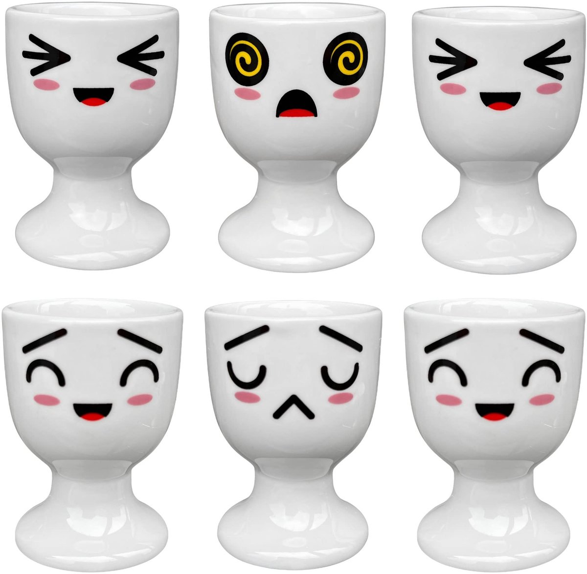 6 stuks set eierdopjes eierhouders - wit met gezicht decor - porselein - 65 x 5 cm