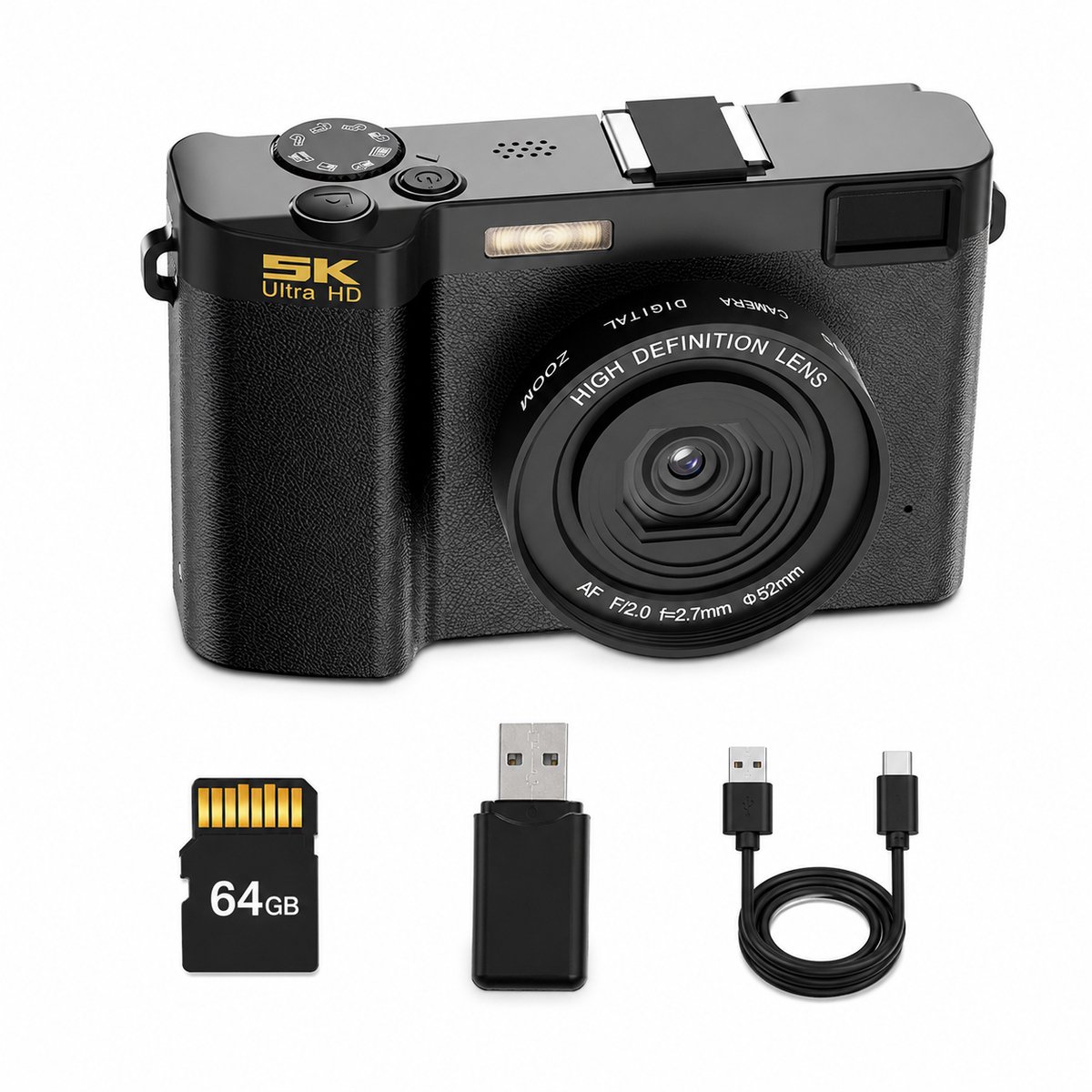 Gloovon® - Digitale Camera - 5K - 64MP - Fotocamera - Fototoestel - Vlog Camera - Video Camera - Inclusief 64GB Micro-SD-kaart - Zwart