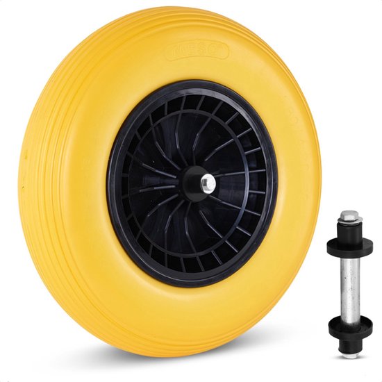 Meso Kruiwagenwiel Anti lek 400x8 - Antilek - Kunststof velg met rollager - 200kg Draagvermogen - PU plastic geel - Asgat 20mm INCLUSIEF 130mm AS - Kruiwagenband 4.80-4.00-8 - Luchtband