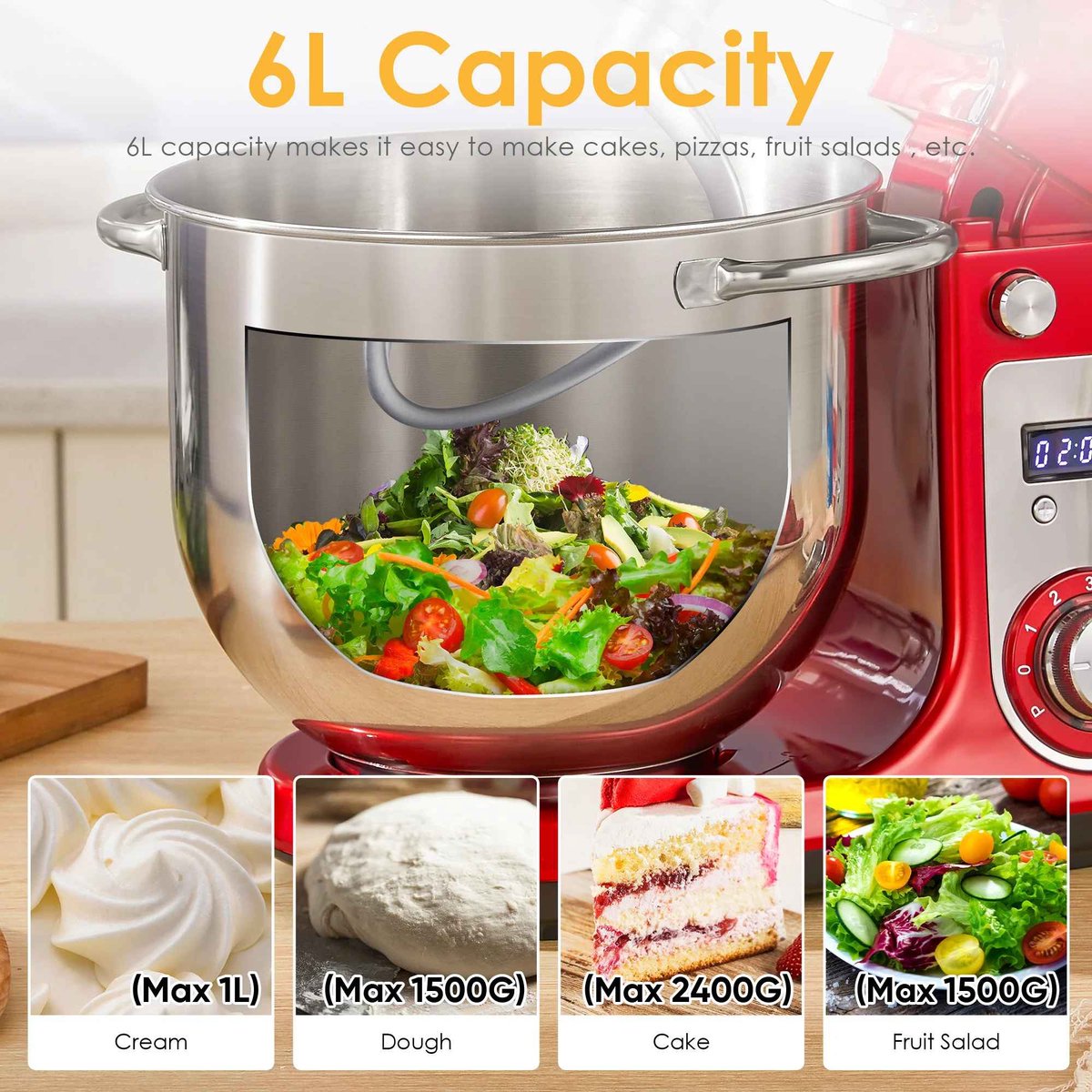 Glowstride - Keukenmachine - Keukenmixer - 1200W DC - stille motor 6L roestvrijstalen - Foodprocessor - Mixer - Blender — afbeelding 3