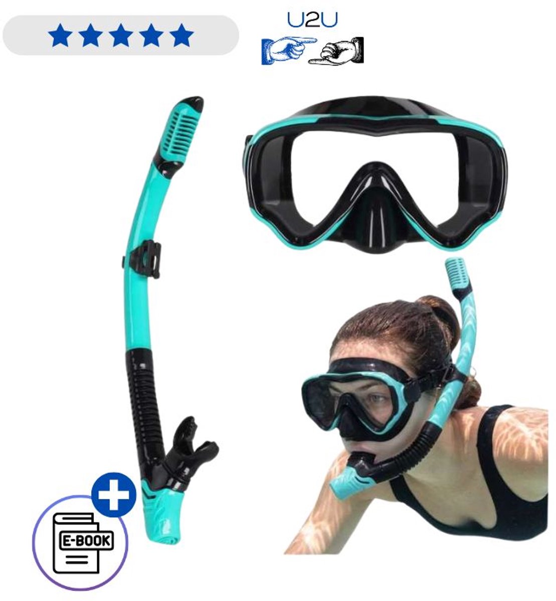 Snorkelset Met Duikmasker En Droge Snorkel Blauw Zwart – Snorkel Masker Met Gehard Glas Siliconen Pasvorm Anti Lek Zwembril Voor Snorkelen Zwemmen Vakantie Strand En Zwembad Volwassenen Met Ebook