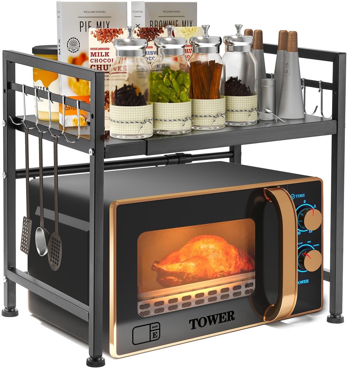 Dailygoody - Magnetronrek - Keuken Organizer - Verstelbare Hoogte - Zwart - Opslagruimte - Stevig en Robuust - Geschikt voor Keuken en Kantoor - 2 Tier