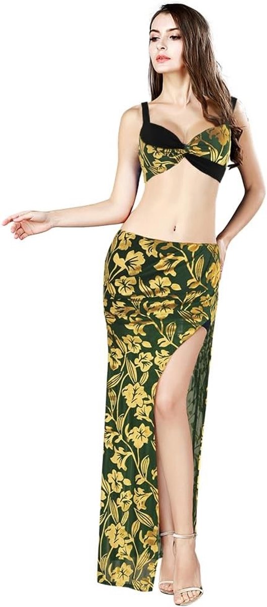 Floral Patroon Bellydance Top en Rok Set, Donkergroen en Goud, Hoogwaardige Velours Outfit voor Optredens en Oefeningen, Verstelbare Bandjes, Hoge Split