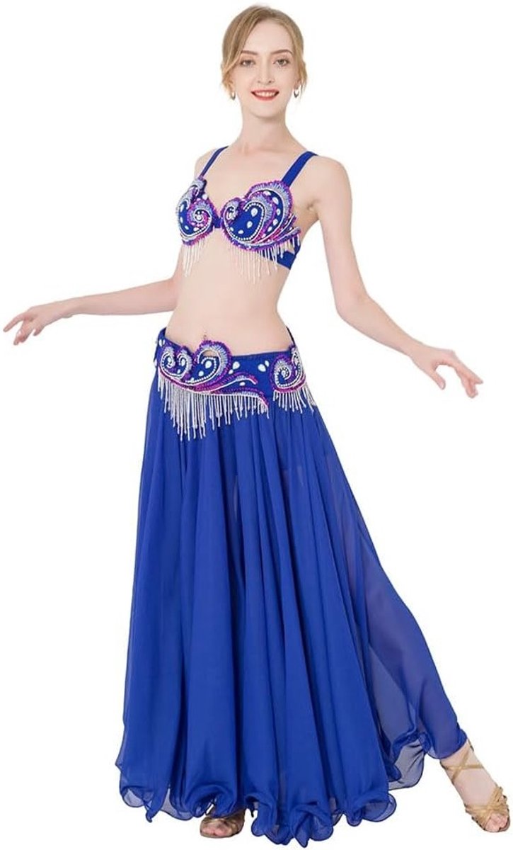 Professionele Belly Dance Outfit voor Vrouwen met Parel Fringes, Sexy Kostuum en Blauwe Rok en Bh