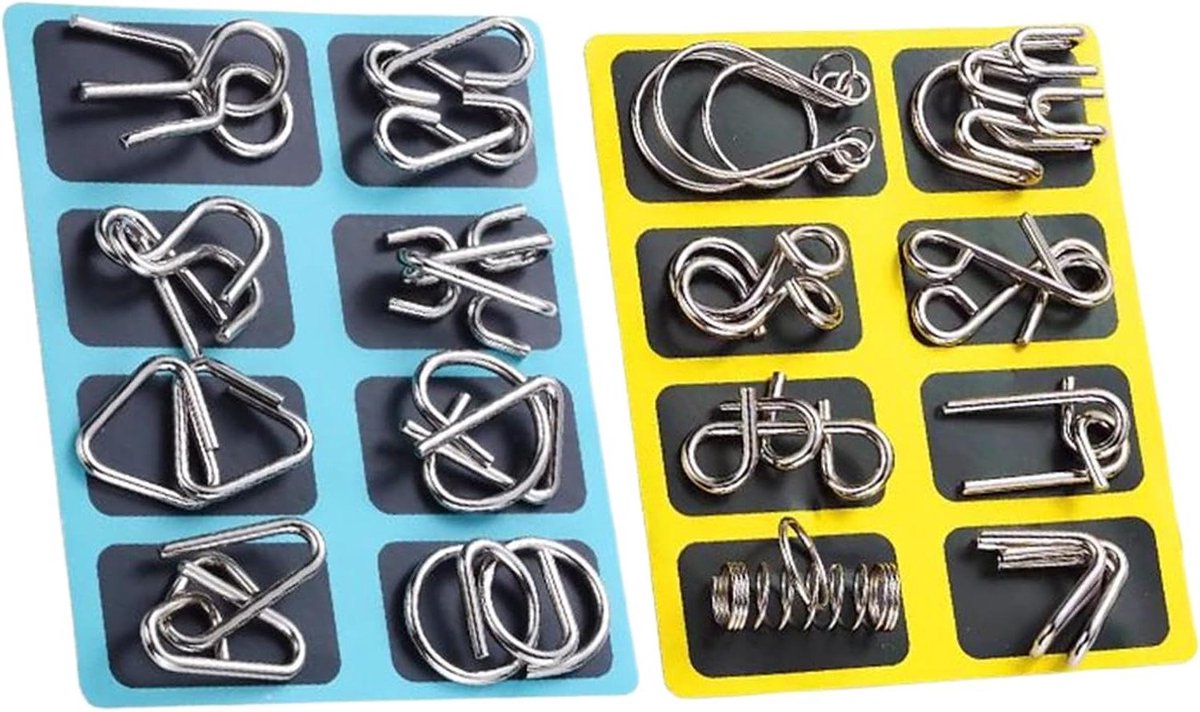 Metalen Puzzels - Hersenkrakers - Cognitieve Training - 16 Delen Set - 18 x 14 cm - Meerkleurig