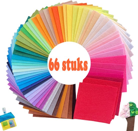 Een waaier van 66 veelkleurige vellen vilt, met 66 stuks in het midden.