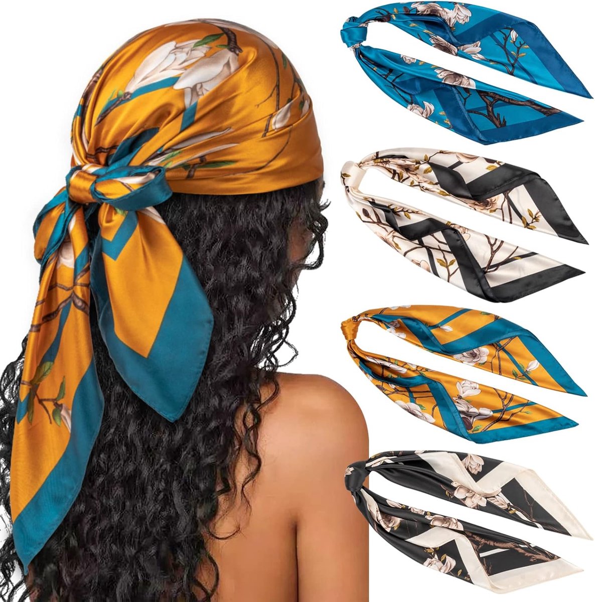 Dames Sjaals - Zijdeachtig Polyester Hoofddoek - 4 Stuks 90x90 cm - Kleurrijk Print Design - Dagelijks Gebruik en Feesten - Veelzijdig Mode Accessoire