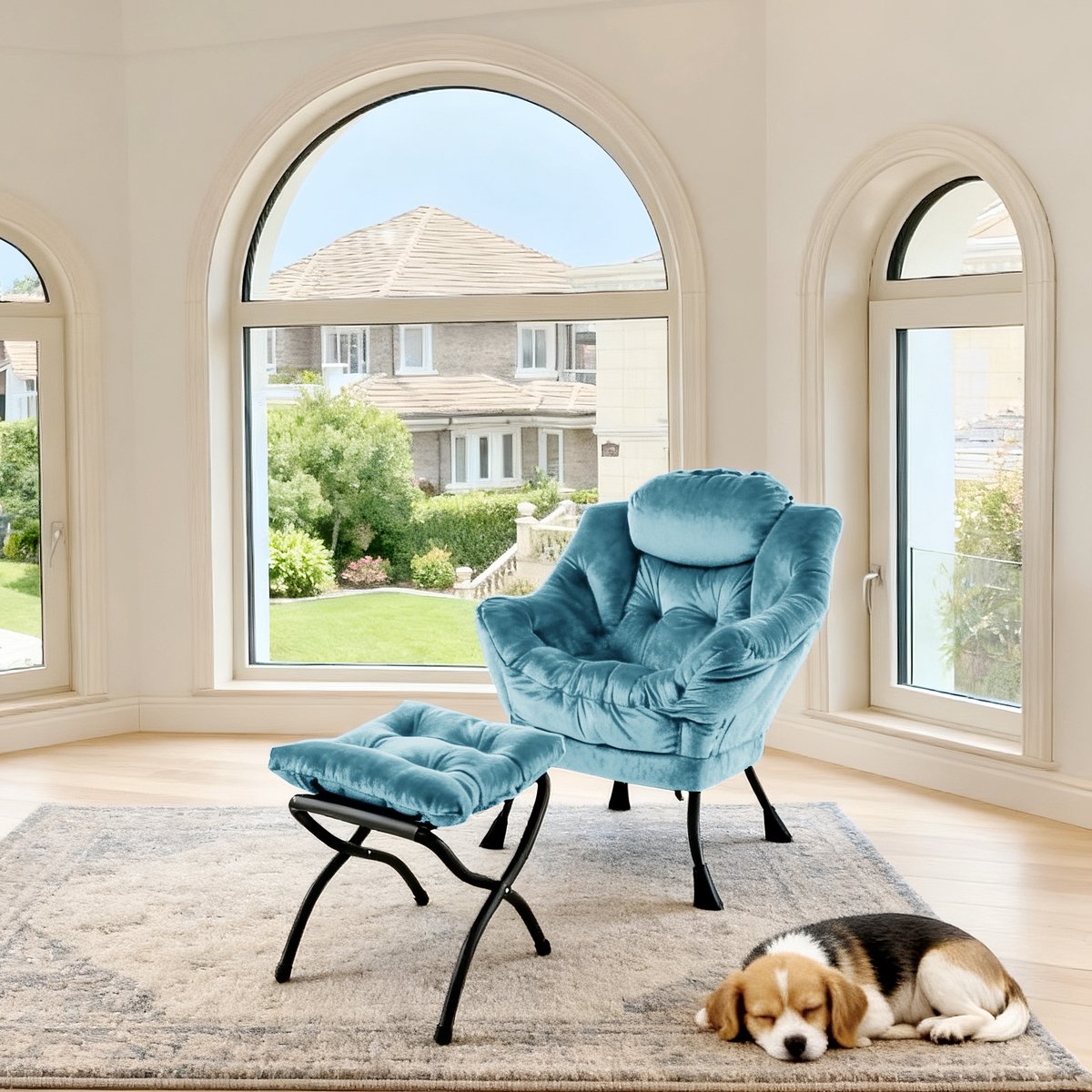 FloraGrace Fauteuil Met Hocker - Relaxstoel Met Armleuningen, Zijvak En Voetsteun - Voor Woonkamer Of Slaapkamer - Metaal - Blauw