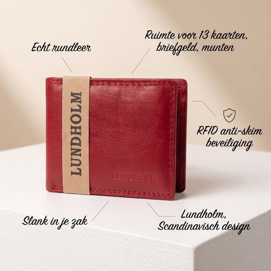 Rode Lundholm portemonnee met "LUNDHOLM"-band en tekst over leer, RFID en design.