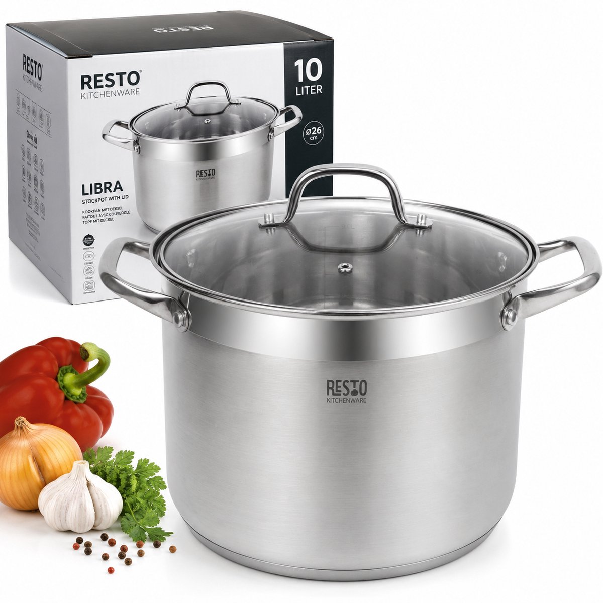 RESTO 92007 Libra Kookpan - 10 Liter - Rond Ø26 cm - Roestvrijdstaal - Inductie - Braadpan met Glazen Deksel