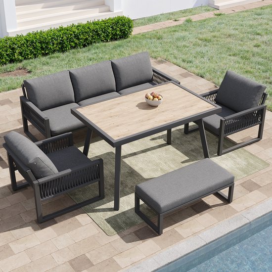 Loungeset Tuin 6-7 Personen met Eettafel - Tuinmeubelset met 3-Zits Bank, 2 Fauteuils en Bankje - Weerbestendige Lounge Dining Set voor Tuin, Terras en Balkon - Grijs