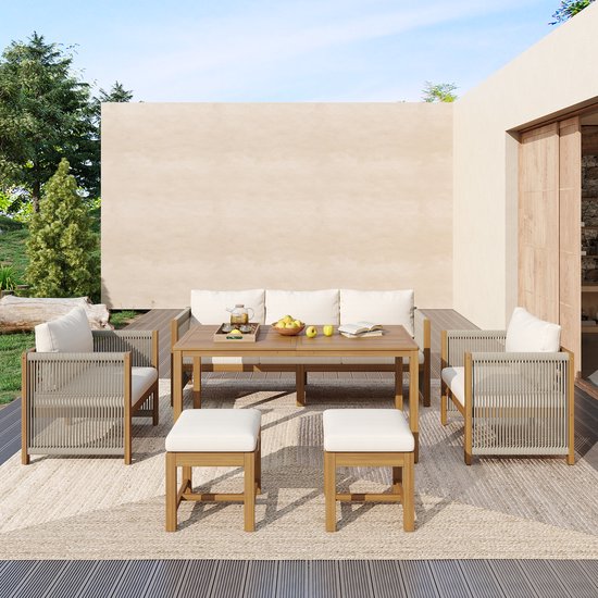 Zubaliya Garten-Essgruppe - 7 Personen Beige - Akazienholz Tischplatte - Handgewebtes PE-Seil - Inkl. Kissen