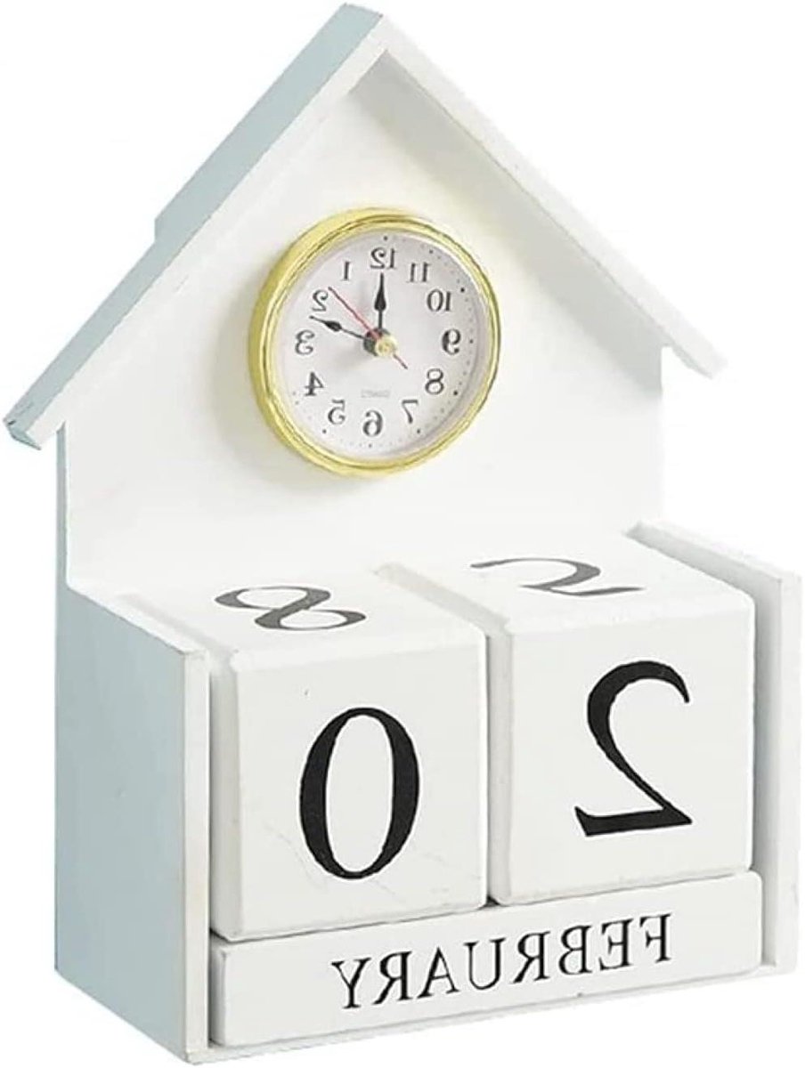 Bureau Kalender - Houten Blokken - Datum Bijhouden - Eeuwigdurend Gebruik - 19x8.5x23cm - Wit/Zwart