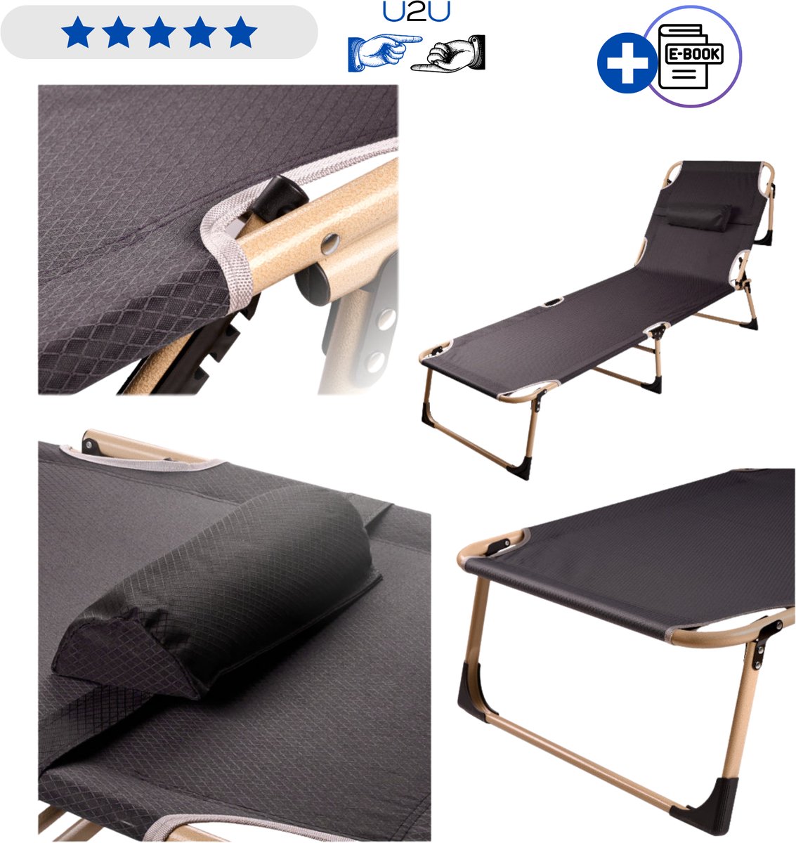 Opvouwbaar Campingbed met Verstelbare Hoofdsteun en Kussen - Inklapbaar Veldbed voor Camping Tuin en Logeerkamer - Camping Ligbed met Stalen Frame - Oxford Polyester Reisbed - Belastbaar tot 120 kg - Compact Outdoor Slaapbed Grijs Met Ebook