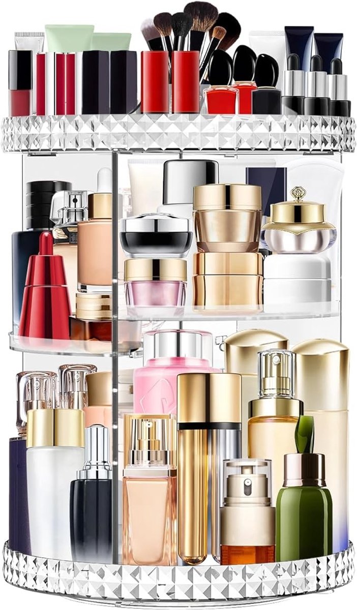 Transparante draaiende make-up organizer met verstelbare lades