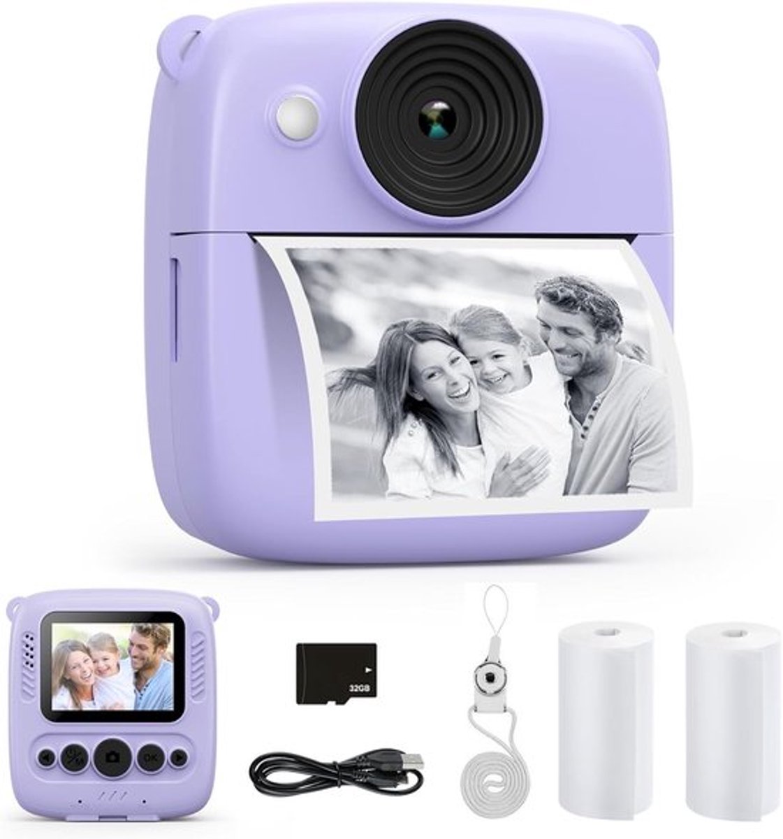 Digitale camera voor kinderen met printfunctie, hoge resolutie 1080p video-selfiefunctie en 32GB geheugenkaart - Paars