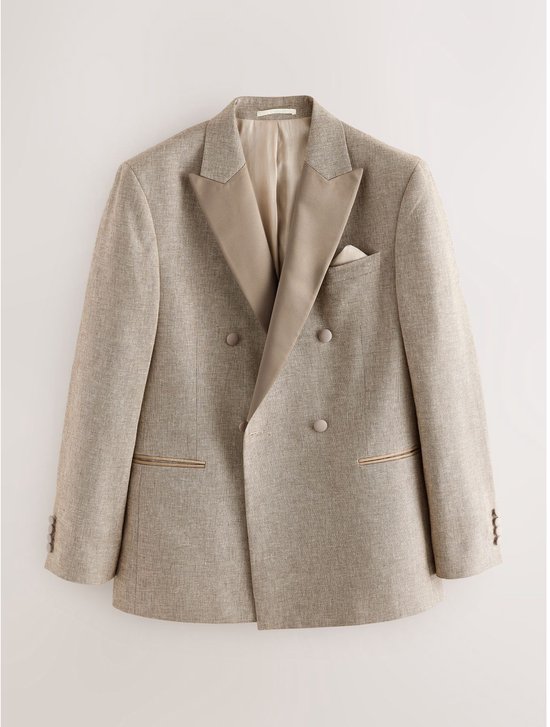 Beige, dubbelrijtige blazer van een linnenmix met getextureerde stof en contrasterende revers.