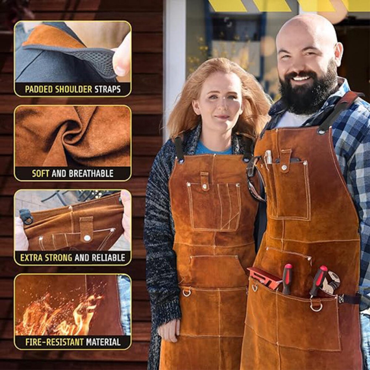 Werkschort - Lasschort - Barbecue Schort - Keukenschort - Hittebestendig - met 6 zakken - Verstelbaar - BBQ Schort - timmermansschort voor heren - Tuinschort - Unisex - voor smid, monteur, werkplaats - Cadeau voor Vaderdag of Verjaardag - bruin — cadeau in Hobby - foto 3