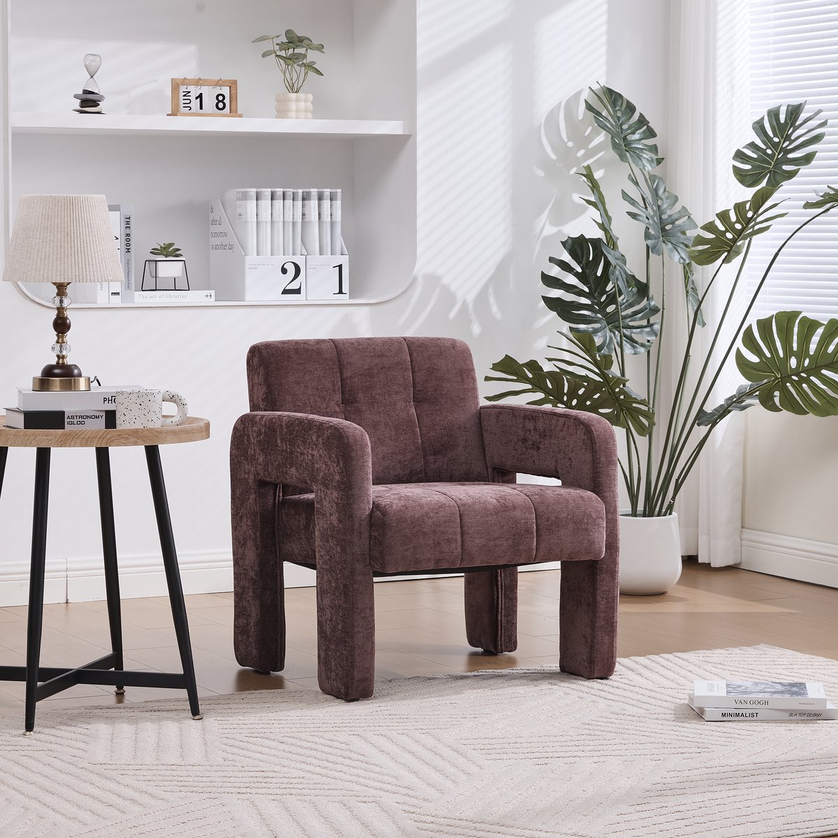Chenille fauteuil - relaxstoel, met armleuningen en rugleuning, 69x67x74 cm, ergonomische ondersteuning, Scandinavische stijl- Rood
