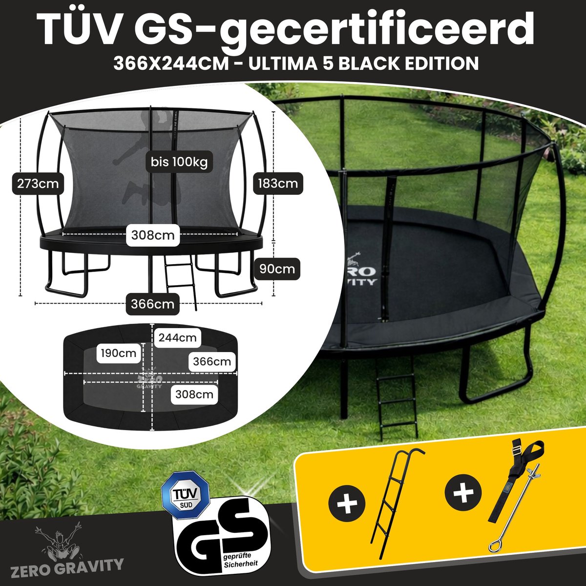 Zero Gravity trampoline 366x244cm rechthoekige – kindertrampoline met slim opvouwbaar veiligheidsnet – incl. ladder en grondankers – max. 130 kg - rechthoekige/ovale tuintrampoline - Ultima 5 Black Edition — afbeelding 5