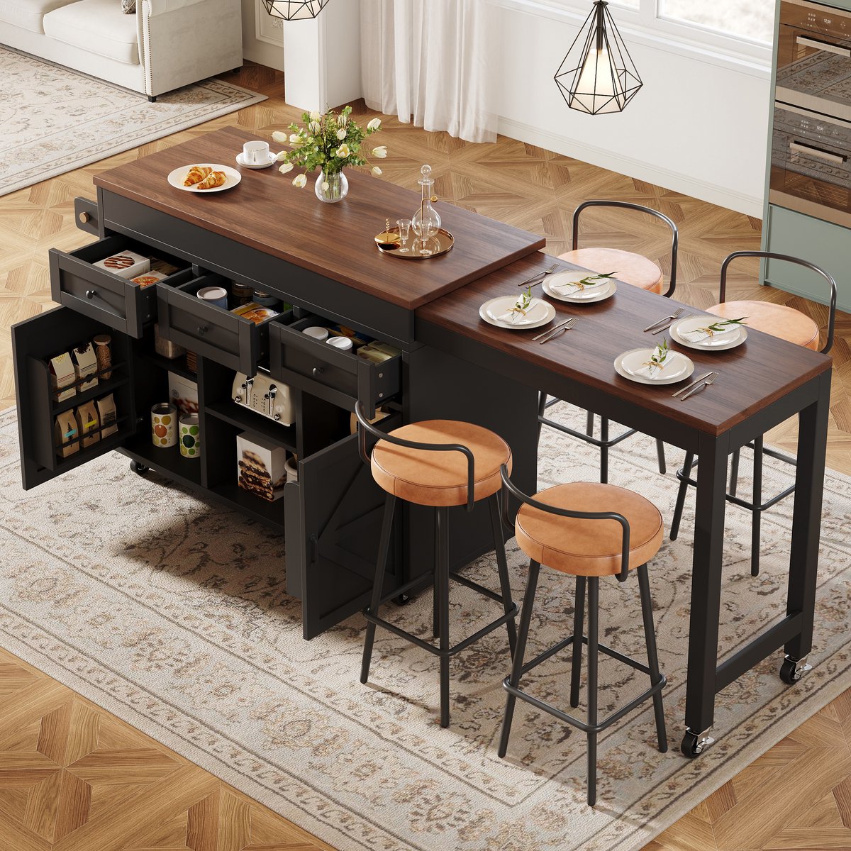 OKWISH Keukeneiland – Uitschuifbaar En 360 Graden Draaibaar – Met 3 Lades En 2 Kasten – MDF Zwart – 131,5-210x40x92 cm