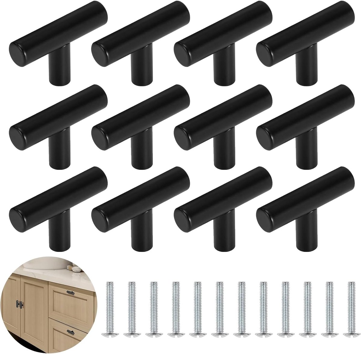 Meubelknoppen Set - Vintage T-vormige Kastgrepen - 12 Stuks 46mm - Duurzame Aluminium Legering - Voor Keuken Slaapkamer en Kastdeuren - Zwart