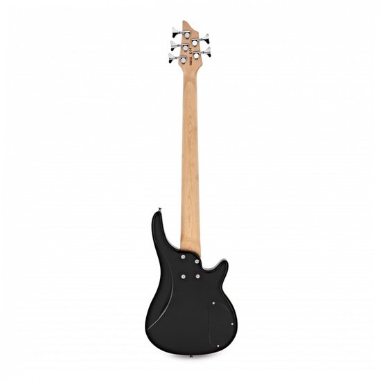 Achterkant van een zwarte basgitaar met een houten hals.