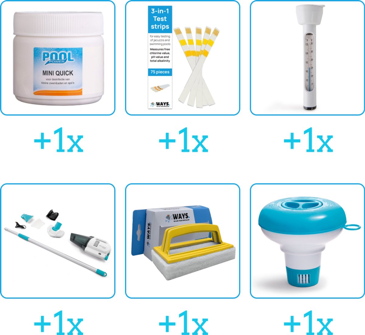 Zwembad Onderhoudspakket - Onderhoud Zwembad - bevat Chloor - Testrips - Thermometer - Stofzuiger - Scrubborstel en Chloordrijver (6-delig)