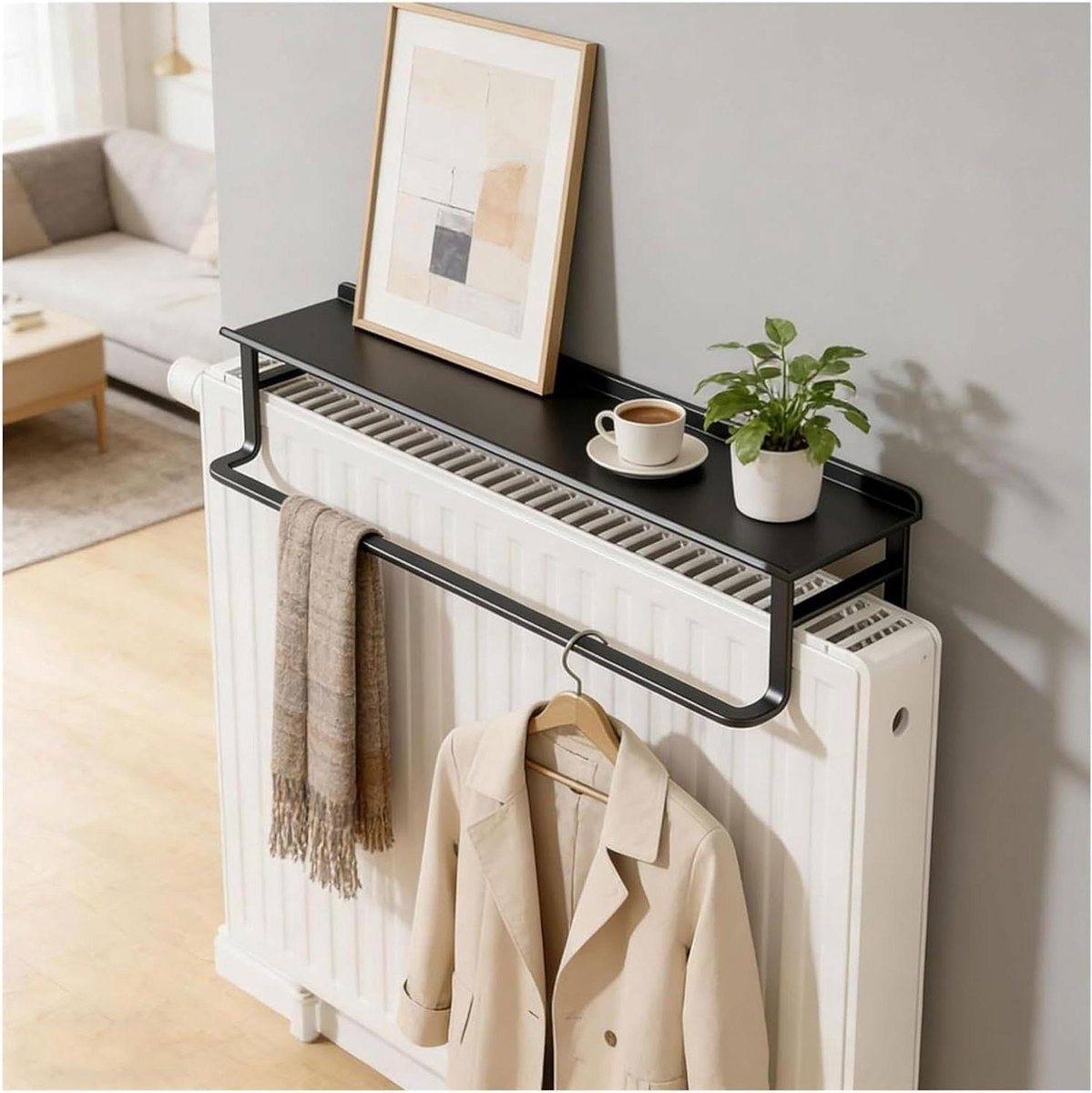 Radiatorplank - Decoratieplank Opbergrek - Woonkamer Inrichten - Stevige Ijzeren Constructie - 58 cm - Zwart