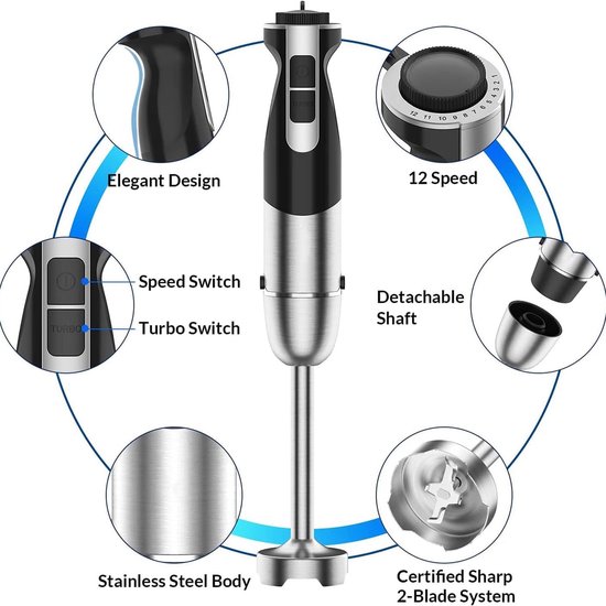Staafmixer Set - Blender Keukenmachine - Voedsel Bereiden - Roestvrijstalen Behuizing - 800W Motor - Zilver — afbeelding 2