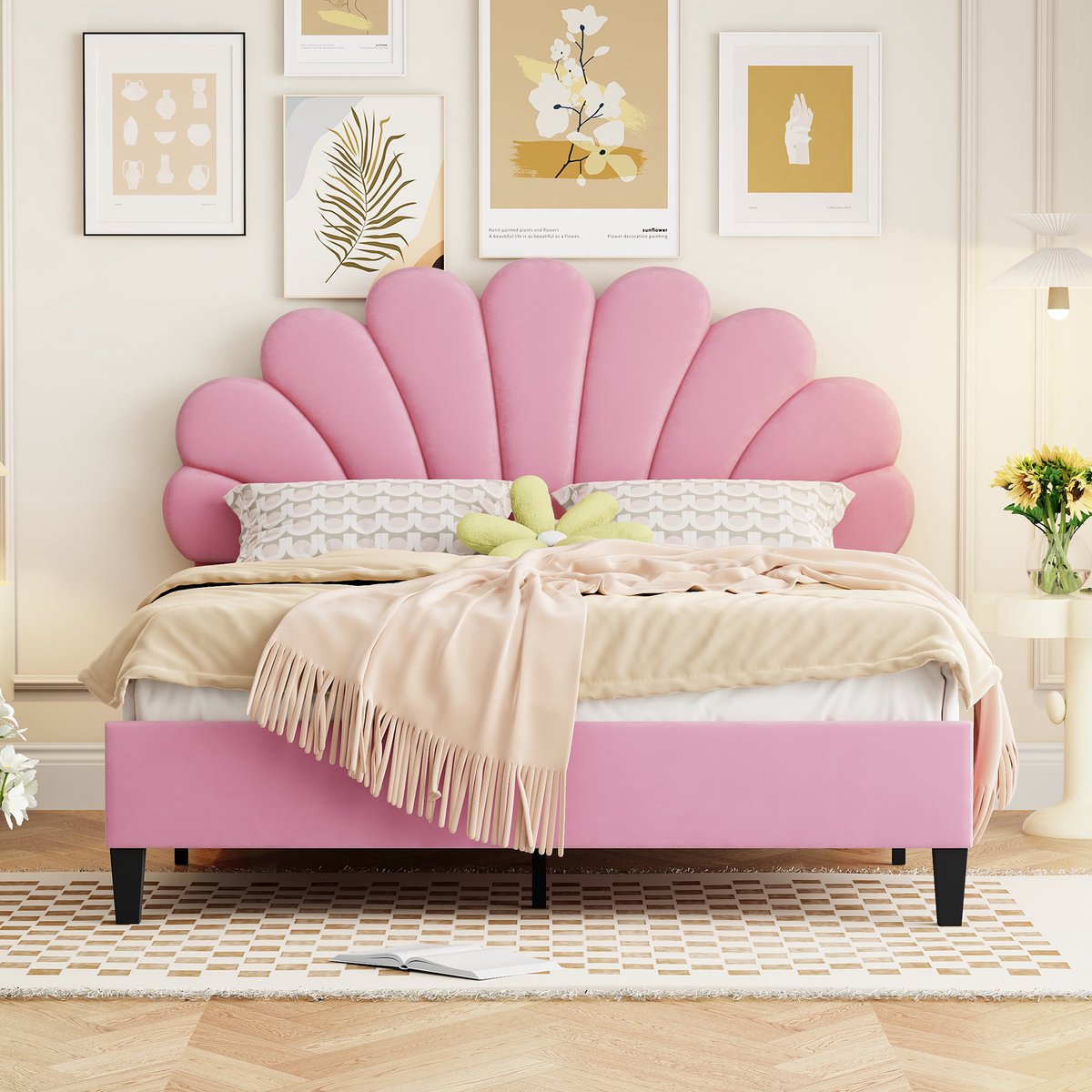 HAUSS SPOLE Gestoffeerd Bed 140x200 cm - Tweepersoonsbed met Bloemvormig Hoofdbord - Zonder Matras - Fluweel - Roze
