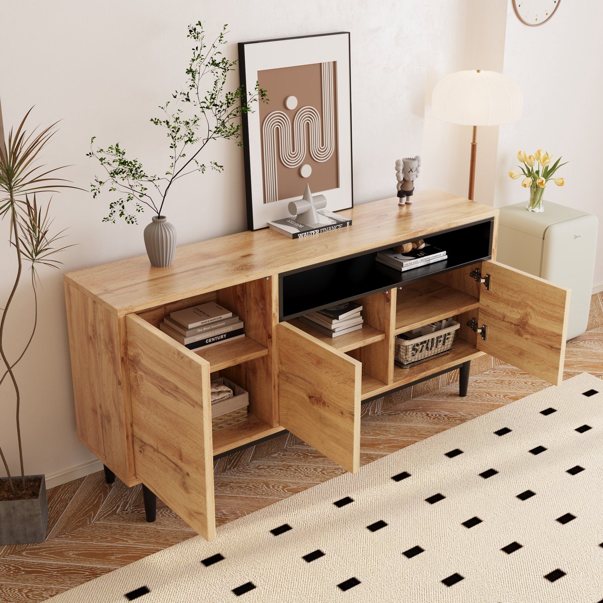 HAUSS SPOLE Dressoir – Houten Dressoir Met 3 Deuren En Verstelbare Planken – Ruim Opbergmeubel Voor Woonkamer – MDF – 160x35x76 Cm – Zwart Houtkleur