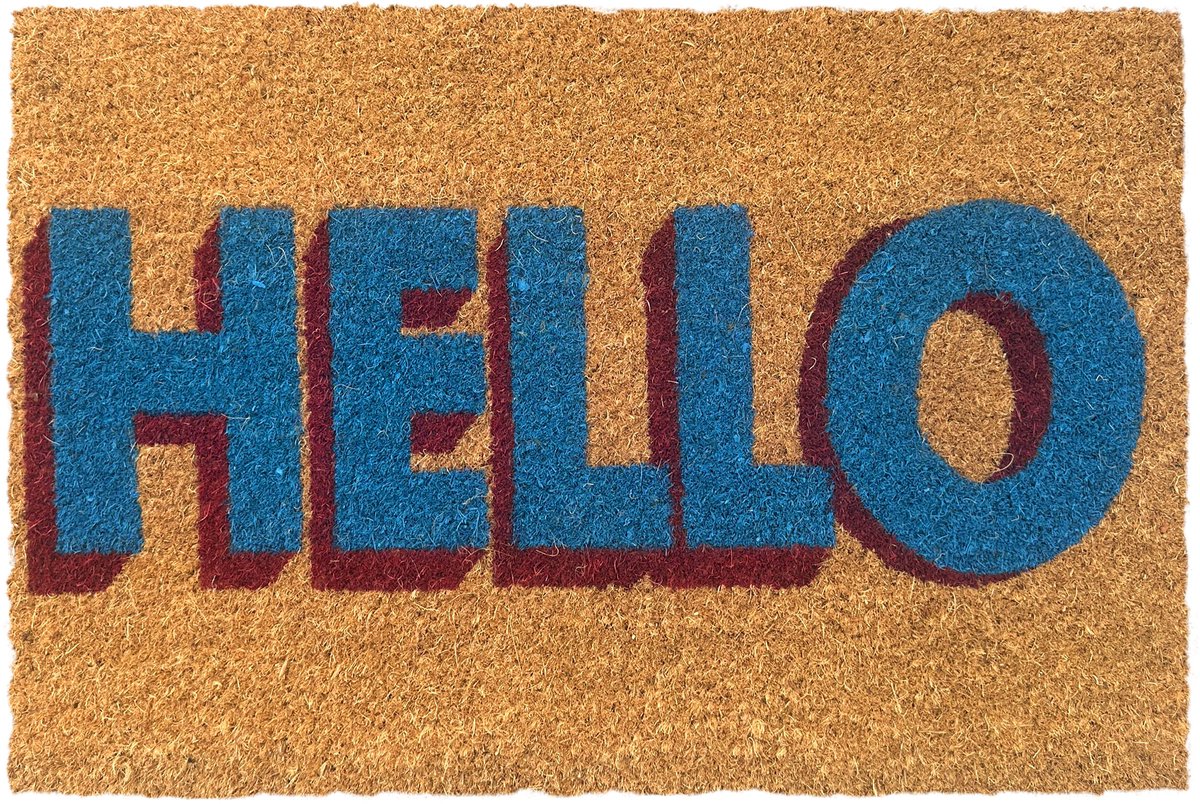 Deurmat kokos - hello - 60 x 40 cm - antislip - blauw-rood