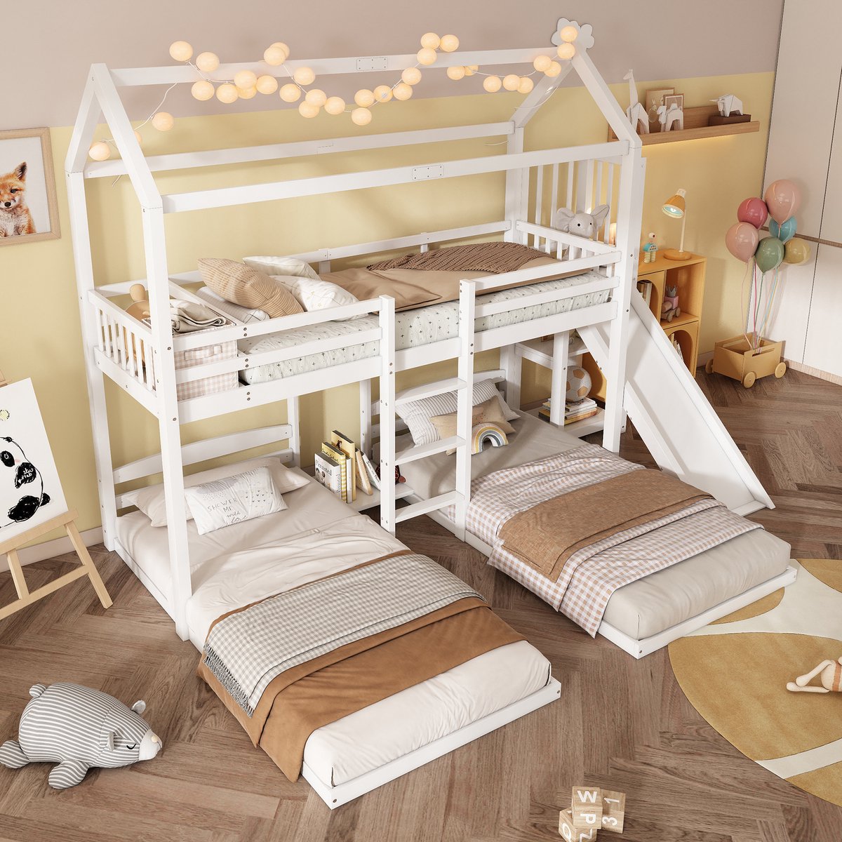 HAUSS SPOLE Stapelbed 90x200 cm - Kinderbed Met Glijbaan en Dakdesign - Drie Slaapplaatsen Zonder Matras - Hout en MDF - Wit