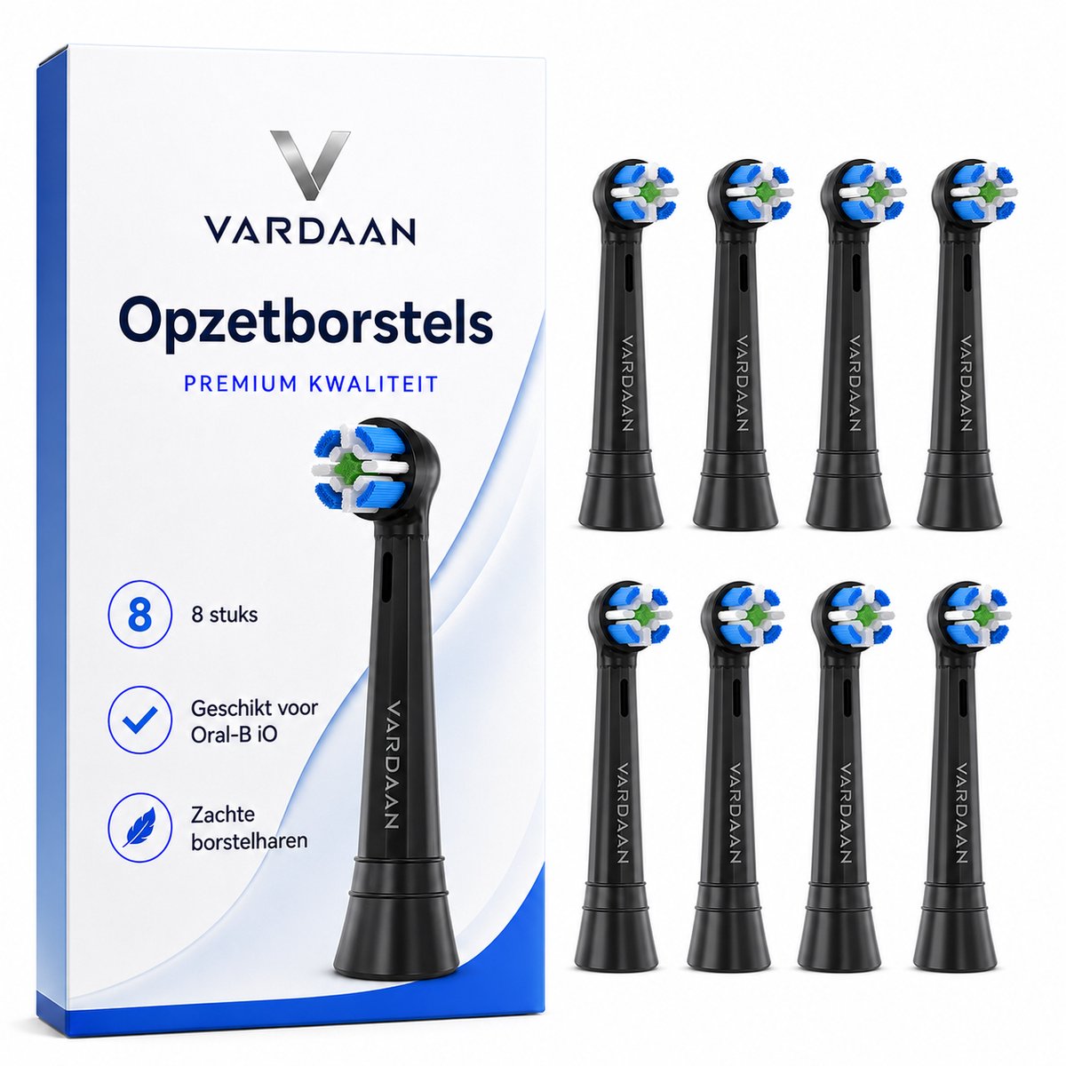 Vardaan Opzetborstels - Geschikt voor Oral-B iO Series 3 4 5 6 7 8 9 10 - Universele Elektrische Tandenborstel Opzetborstels - Tandplakverwijdering - Gezonder Tandvlees - Normale Borstelharen - Wittere Tanden - Zwart - 8 Stuks
