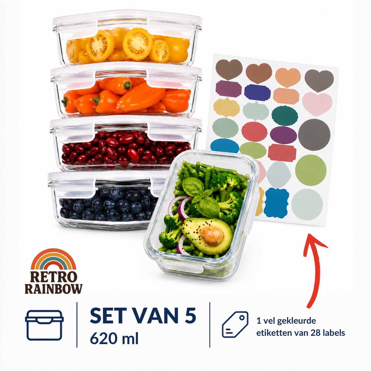 Glazen vershoudbakjes ventieldeksel 620 ml (5 stuks) meal Prep met deksel magnetronbakjes vershouddoos luchtdicht - 17x12,5x5cm