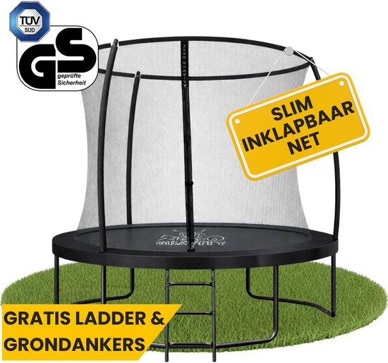Zwarte ronde trampoline met opvouwbaar net en ladder, TÜV GS gecertificeerd.