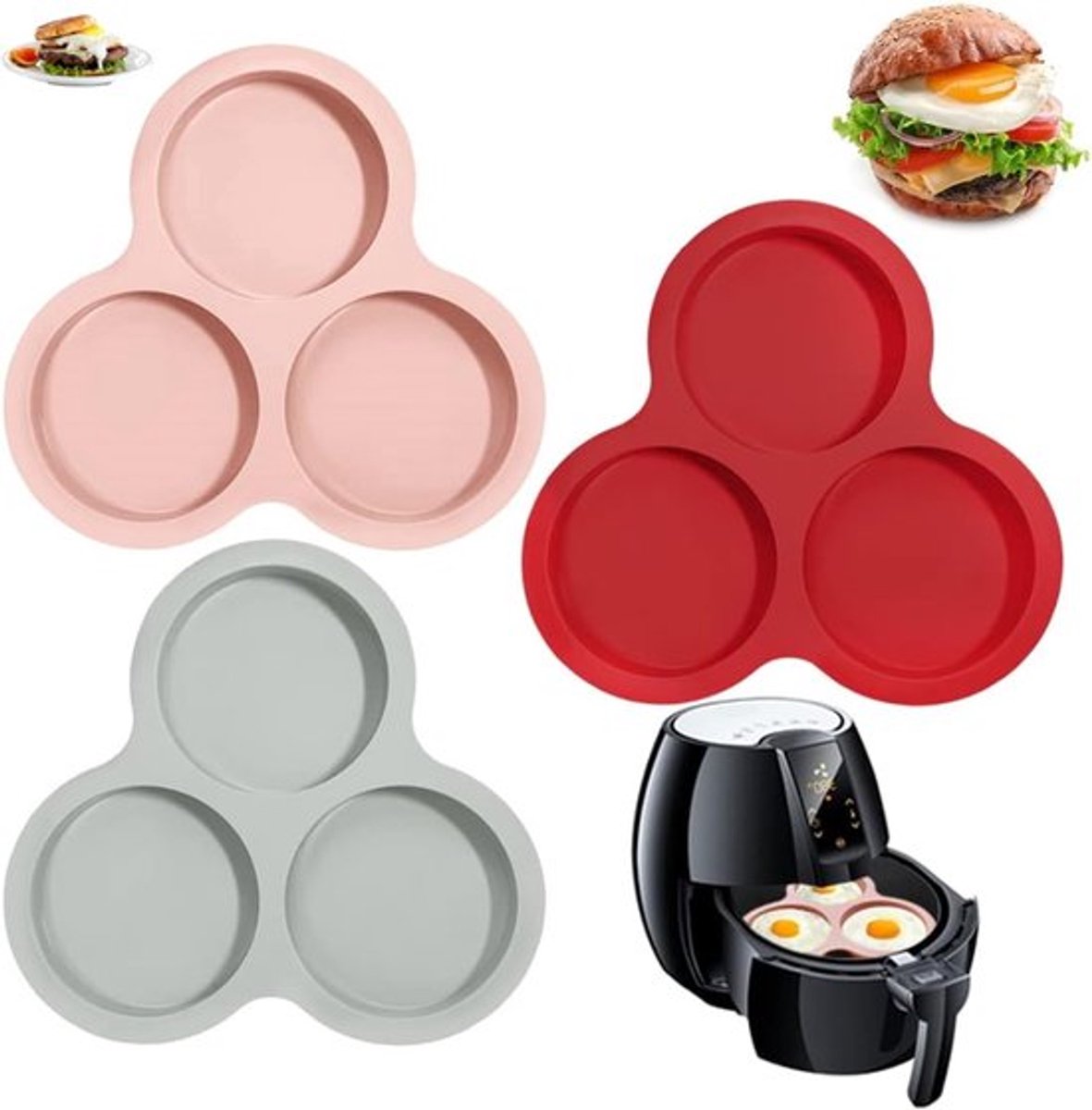 Set van 3 stuks - Airfryer-eivorm - Antiaanbak siliconen mini-cakevorm - Ronde muffinvorm van 10 cm - Herbruikbare cakevorm - Gemakkelijk schoon te maken pan - Perfect voor ontbijtsandwiches, eierpannenkoeken en crêpes