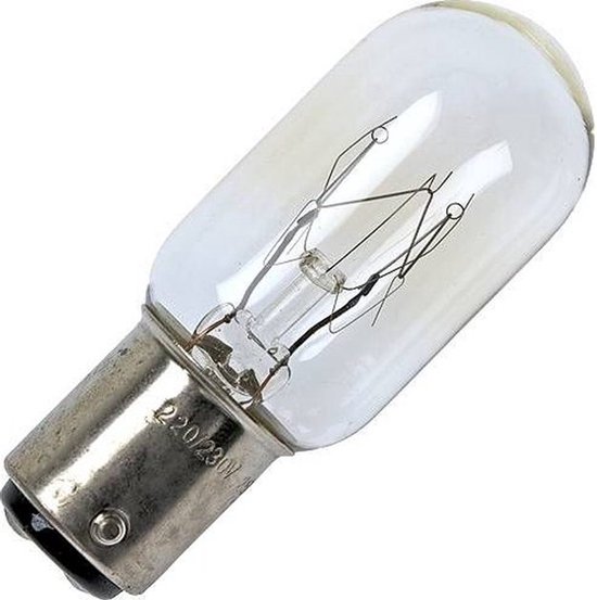 Heldere gloeilamp met metalen fitting, met de tekst '220/230V' erop.