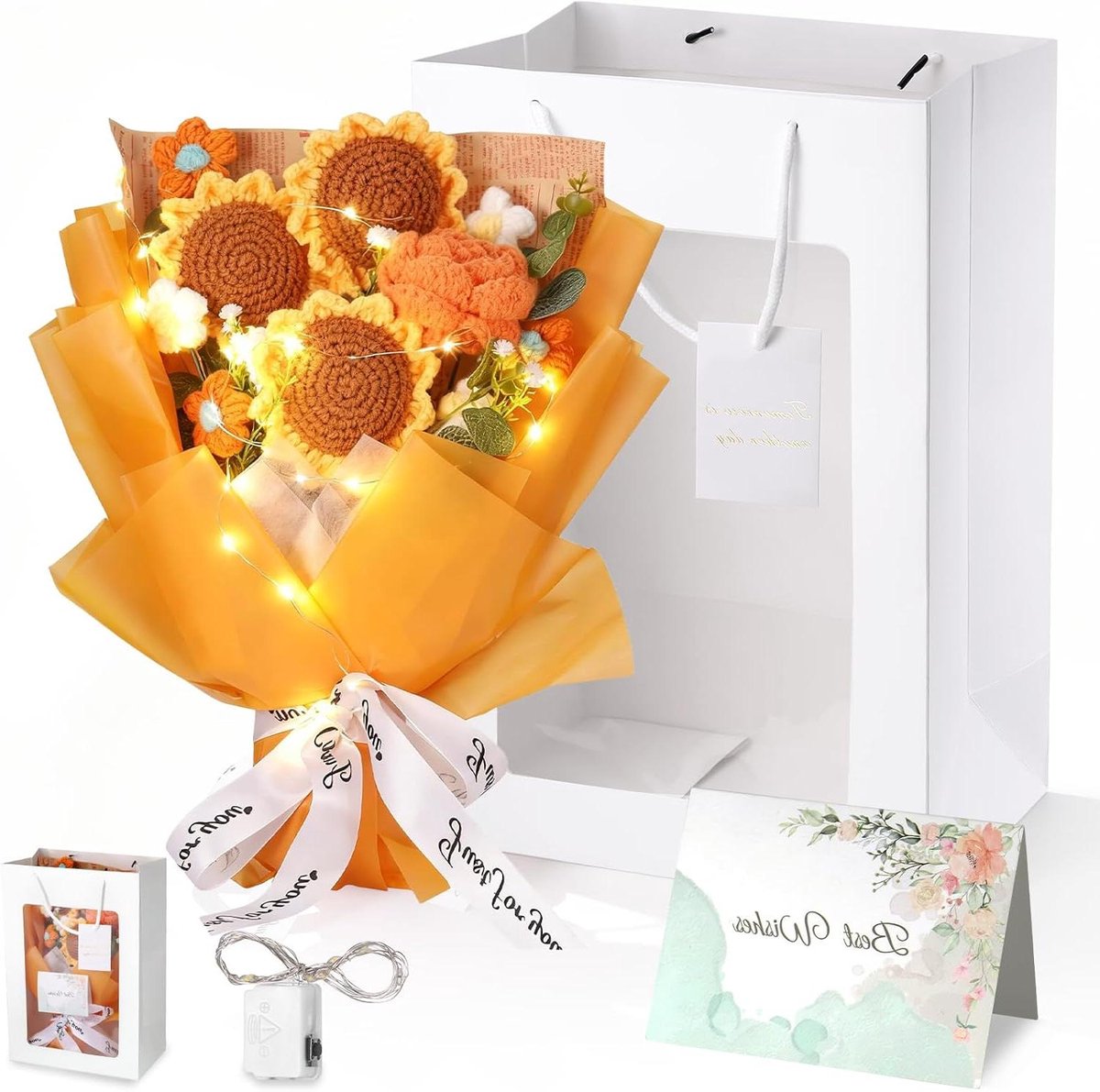 Gehaakte bloemenboeket - Gebreide bloemen - Interieur decoratie - Allergievrij alternatief - 30 cm - Oranje