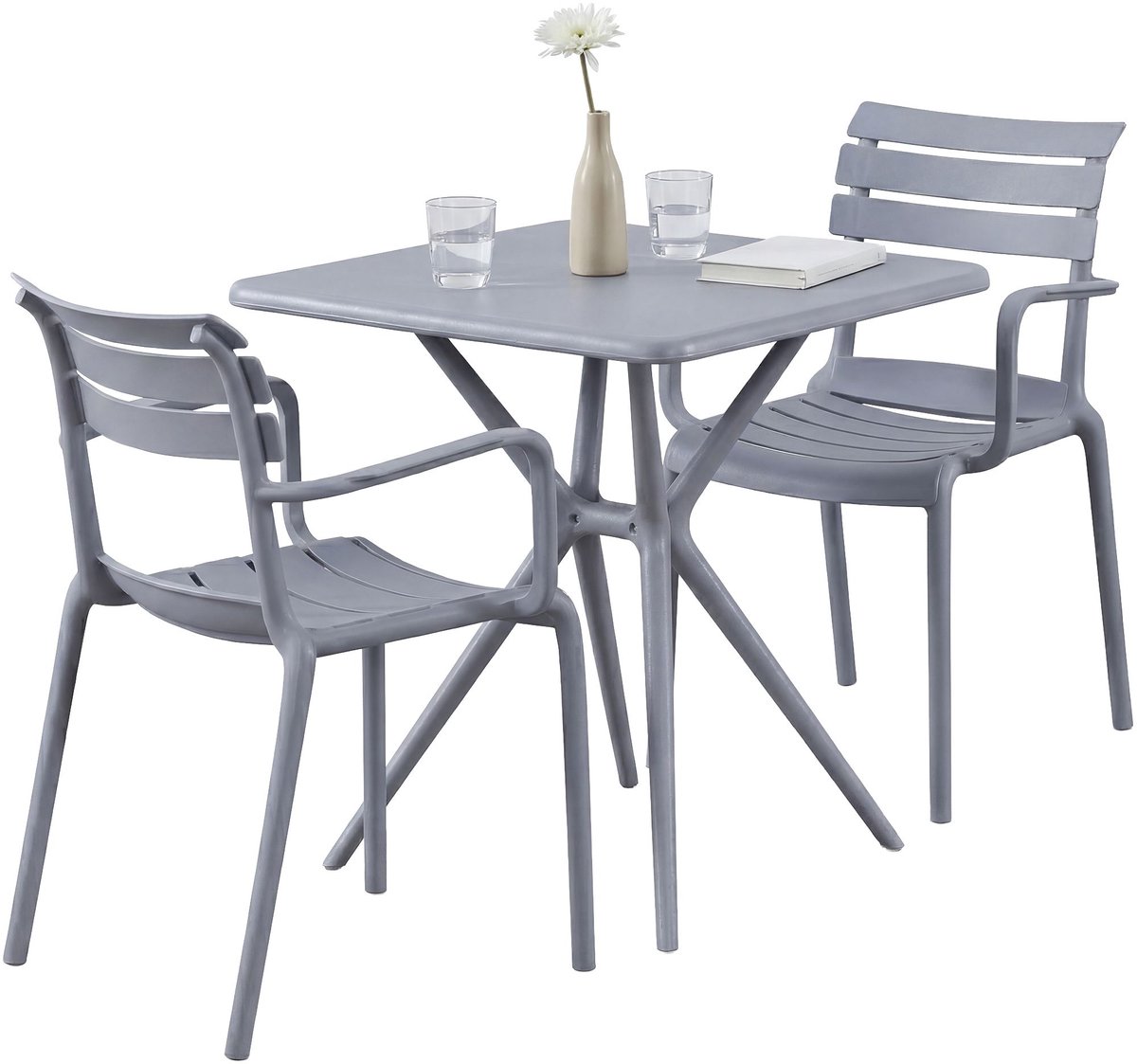 CLP Avena tuinmeubelset - 2 stapelstoelen - vierkante eettafel 72x72cm - weerbestendige balkonset - voor terras en tuin - grijs