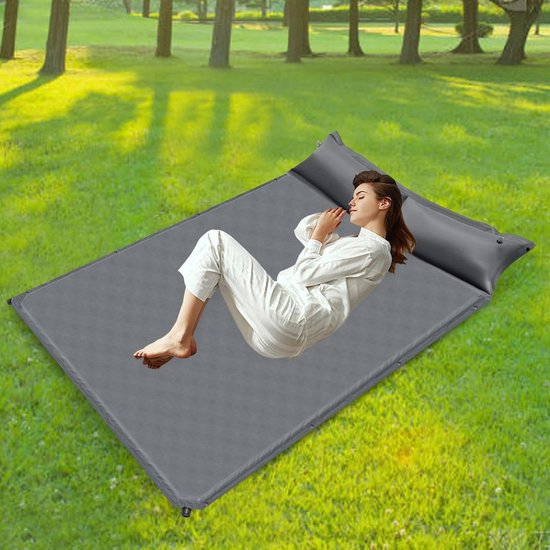 Dubbele Slaapmat - Luchtbed Kamperen - Comfortabel Slapen - Zelfopblazend Systeem - 192 x 132 cm - Grijs — afbeelding 3