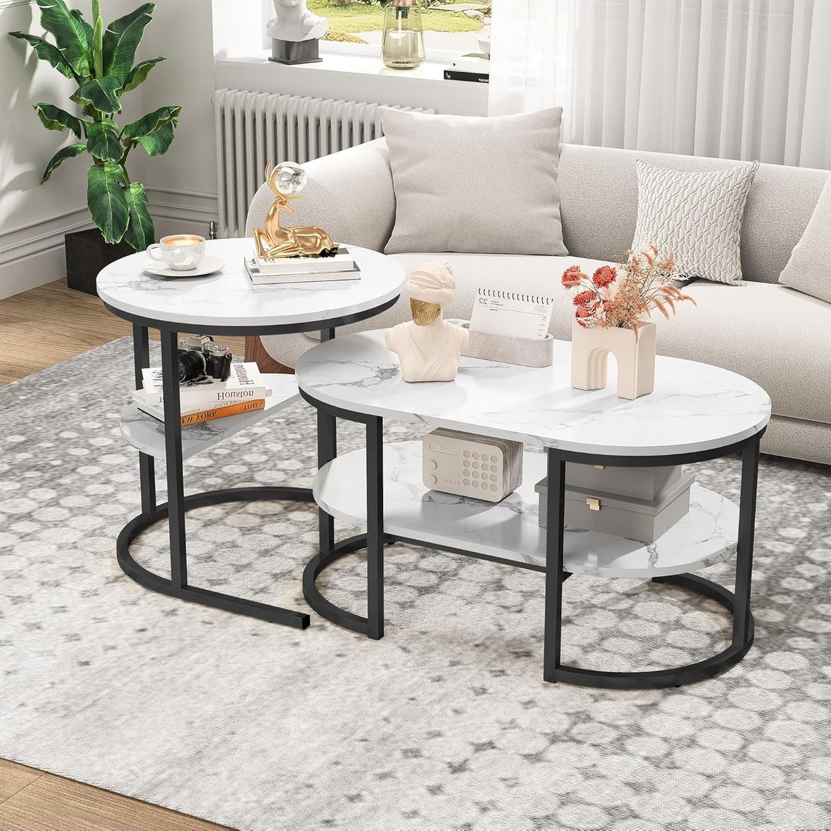 Salontafel Set - Bijzettafels - Woonkamer Decoratie - Verstelbare Poten - 80x46x41cm & 52x
