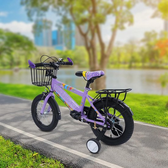 Kinderfiets 14 inch - Meisjesfiets loopfiets - Leren fietsen - Inclusief steunwielen - 14 inch - Paars — afbeelding 4